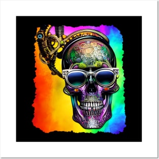 Rainbow Steampunk Skull with Sunglasses Posters and Art